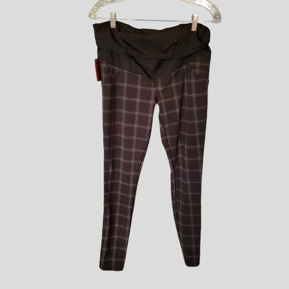 Ingrid & Isabel Black Plaid Maternity Pants Small Crossover Panel NEW Work T12